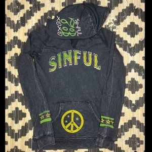 Sinful pullover hoodie with peace sign and wings